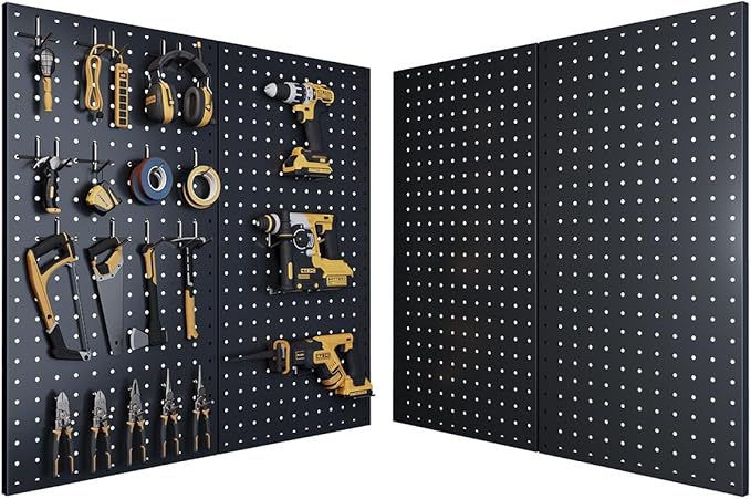 Pegboard, Metal Peg Board, 24x12 inch Black Pegboard with 38 Pcs Hooks, Sturdy Peg Board for Garage Tool Organization, Home & Office Wall Decoration (Black, 2 Pack)