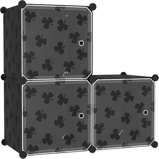 C&AHOME Cube Storage Organizer with Doors, 3-Cube Shelves, DIY Plastic Modular Bookshelf, Closet Clothes Storage Shelving Ideal for Bedroom, Living Room, Clover Embossed, Black