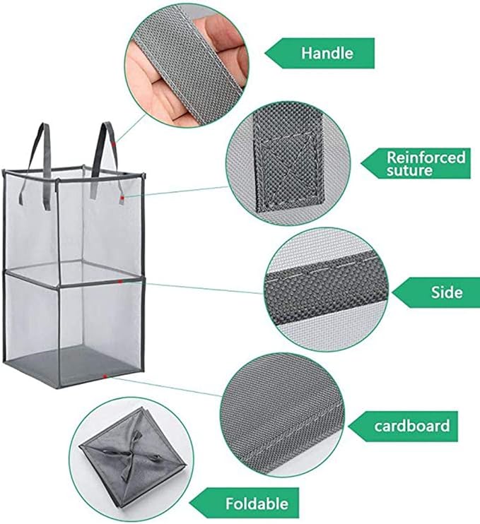 Pop Up Laundry Baskets - Mesh Collapsible Laundry Hampers Storage with Handle - Foldable for Washing Storage, Great for The Kids Room, College Dorm, Travel Organizer (Grey/Double Layer)