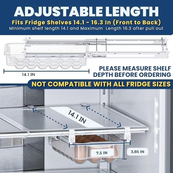 TidyFriend 2 Pack Refrigerator Egg Drawer 14"x7.5"x3.95" – Snap-On Egg Holder with Pull-Out Drawer, Holds 18 Eggs, Fits Flat Fridge Shelves 14.1–16.3 in Long and 0.93–1.32 in Thick