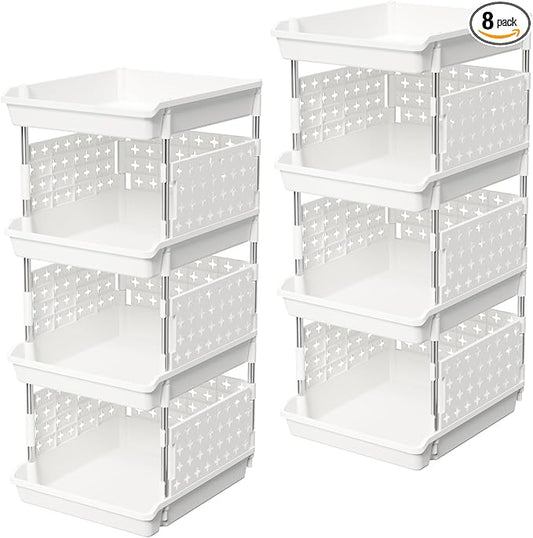 Lifewit Plastic Stackable Storage Baskets, 4 Tier Stacking Bins for Food and Clothes, Multifunctional Organizer for RV, Kitchen, Playroom, Pantry, White, 35 x 30 x 72 cm/14 x 12 x 28 inch, 2 Pack
