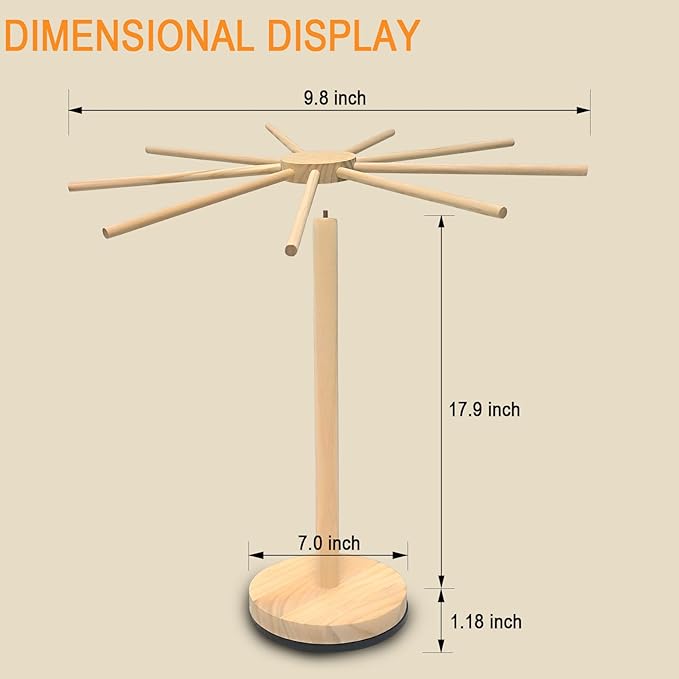 Pasta Drying Rack,Wooden Pasta Dryer Rotatable Collapsible Drying Rack with 9 Rods Quickly Assemble, Fresh Pasta Noodle Spaghetti Dryer Hanger Stand, Easy to Assemble and Store