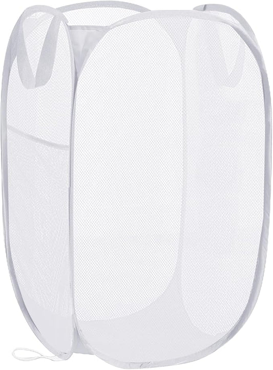 Pop Up Laundry Hamper, Reinforced Mesh Laundry Basket with Handles, Collapsible Clother Hamper with Side Pocket for Home, College Dorm, Travel - White Vertical Storage Basket