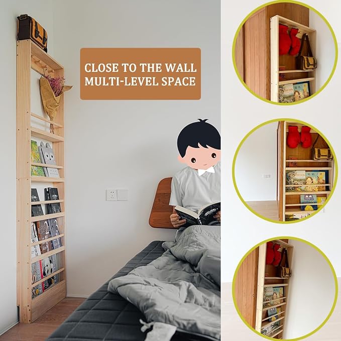 Wooden Kids Bookshelf, Wall Mount Shelf with Hooks, Organizer for Toys and Books, Space-Saving | with Hooks, Space-Saving