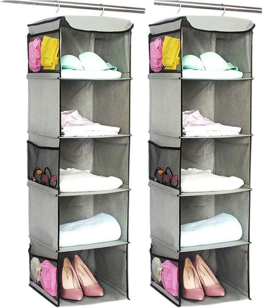BrilliantJo 5 Shelves Hanging Closet Organizer, 2 Pack Hanging Storage with 6 Side Pockets for Clothes Bags, 43"x12"x12"(Gray)