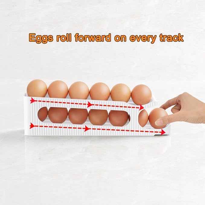 Egg Holder for Fridge, 2 Tiers Auto Rolling Forward (Can not Roll Down), Egg Storage Organizer for Refrigerator, Slim Space Saving Container, Dispenser - Egg Roller for Eggs 24 Count, Non-Stackable