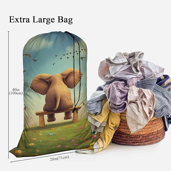 Swono Cute Elephant Large Travel Laundry Bag - Wet/Dry, Dirty Clothes Bag for Gym, Swimming, Yoga - Blue Cloud