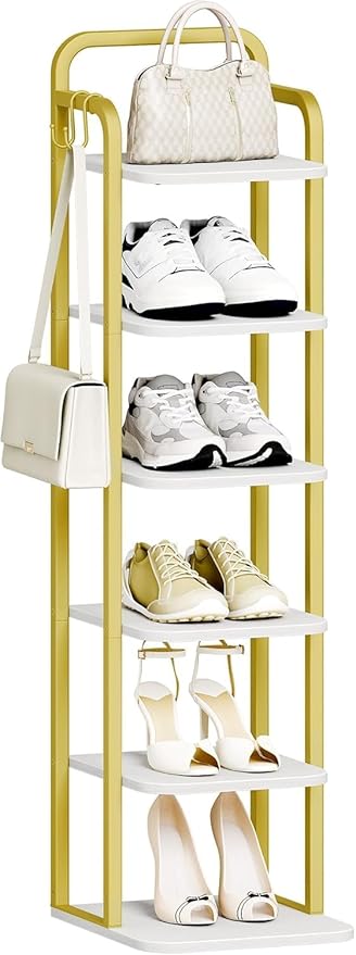 Hzuaneri 6 Tiers Vertical Shoe Rack, Narrow Shoe Tower, Tall Shoes Shelf with 2 Hooks, Adjustable Shelves, Corner Shoes Shelves for Small Spaces, Entryway, Living Room, White Gold SR04213A