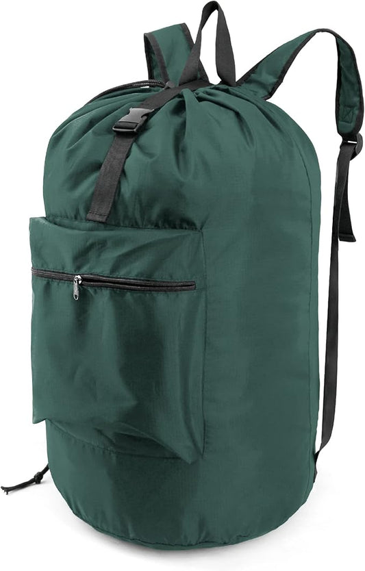 BeeGreen Laundry-Bag-Backpack-Heavy-Duty, Green Nylon Drawstring Portable Laundry Backpack Tall Foldable Extra Large Dirty Clothes Travel Bag with Handle College Dorm Apartment Essentials