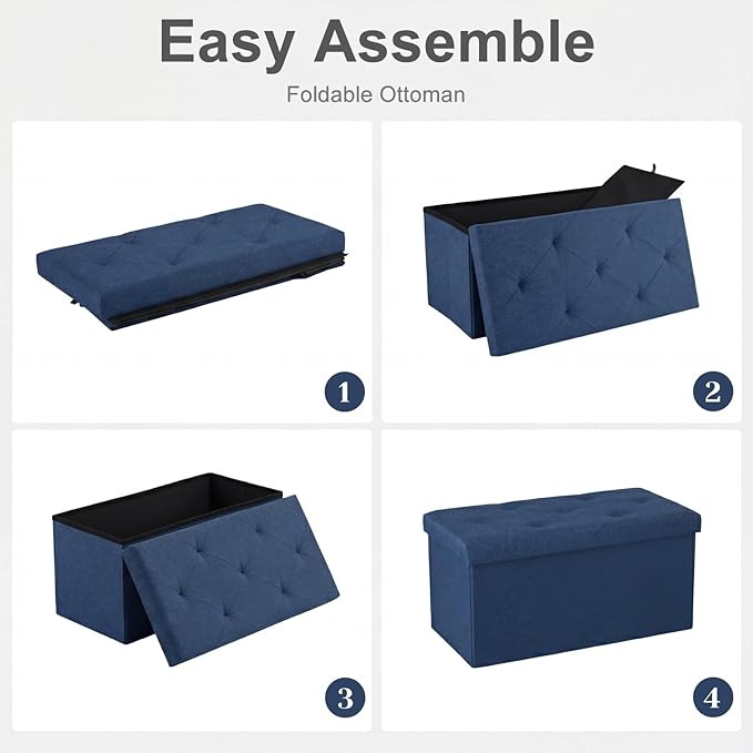 DUMOS 30in Storage Ottoman Bench, Ottoman Bench Foot Rest Stool with Padded Seat, Bedroom Bench with for Living Room, Support 660lbs, Blue