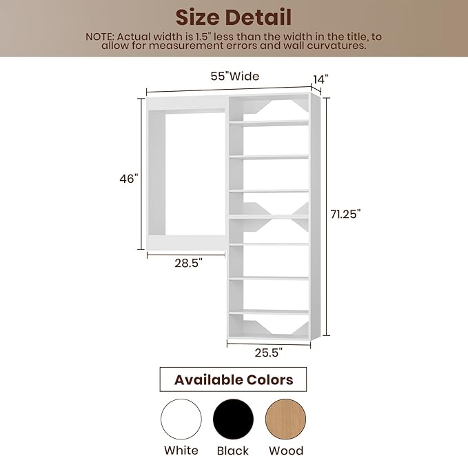 ROOMTEC Modular Closet System, 55" Wall-Mounted Closet Organizer with Hanging Rods and Shelves, Wooden Tower for Walk-In Closets, Wardrobe Storage Kit, White