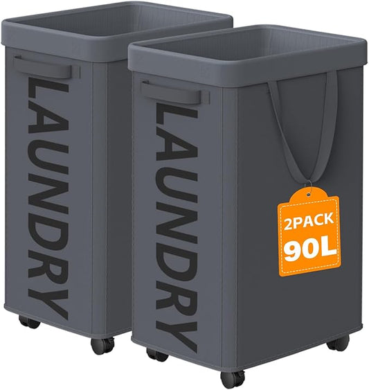 Optish 2 Pack Laundry Basket with Wheels, 90L Rolling Laundry Hamper with Wheels, Large Clothes Hamper on Wheel with Removable Mesh Bag for Bedroom, Dorm
