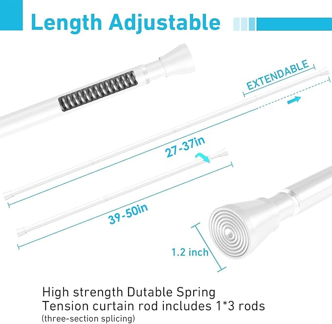 MEXAU Tension Curtain Rod for Windows 27 to 50 Inch，Spring Tension Rods White Curtain Rods No Drilling Adjustable Spring Rod Extendable Tension Rod for Kitchen, Bathroom, Window, Bookshelf.