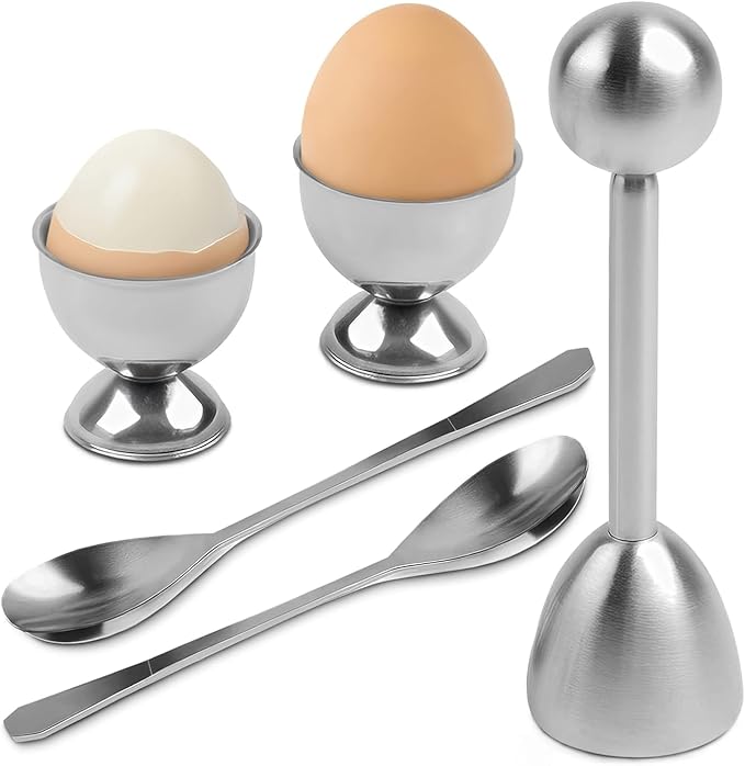 Egg Shell Opener Set – 2 Pcs Egg Cups for Soft Boiled Eggs & 2 Pcs Spoons, Rust-Resistant Stainless Steel, Fits Most Eggs Sizes - Ergonomic Design, Adjustable Effort for Effortless & Precise Cracking