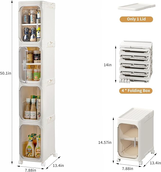 4-Tier Slim Tall Narrow Bathroom Storage Cabinet with Adjustable Shelves and Movable Wheels, Magnetic Doors, Plastic Storage Cabinets for Small Space, Cream White