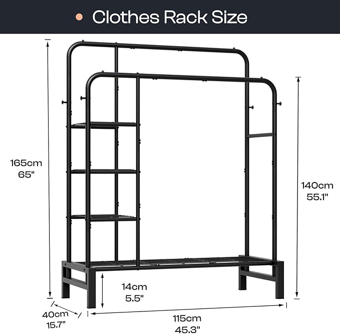 Clothes Rack for Hanging Clothes, Double Rods Clothing Rack with 3 Tier Storage Shelves, Multifunctional Heavy Duty Garment Rack for Bedroom, Laundry, Wardrobe Closet, Black