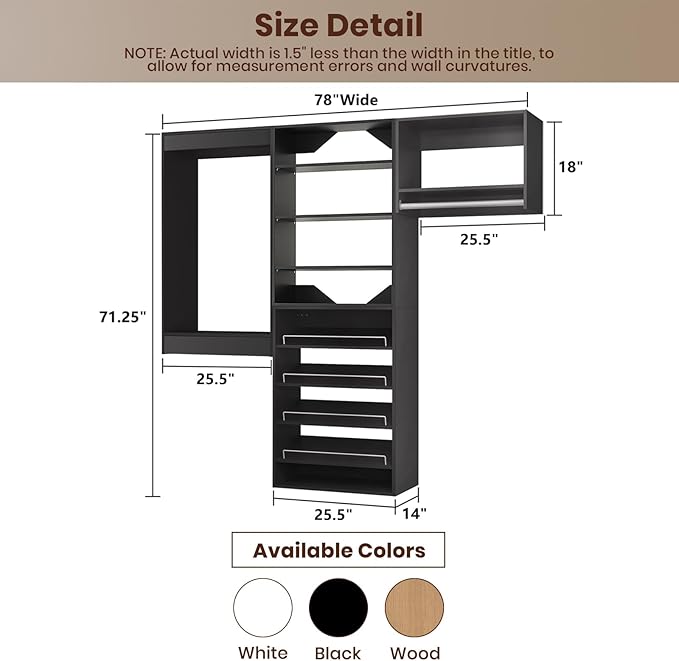 ROOMTEC Modular Closet System, 78" Wall Mounted Modern Closet Organizer with Hanging Rods and Shoe Shelf, Wooden Tower for Walk-In Closets, Wardrobe Storage Kit, Black