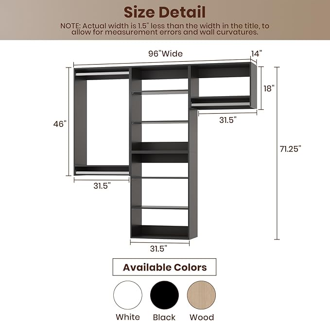 ROOMTEC Modular Closet System, 96" Wall-Mounted Closet Organizer with Hanging Rods, Modern Wooden Tower for Walk-In Closets, Wardrobe Storage Kit, Black