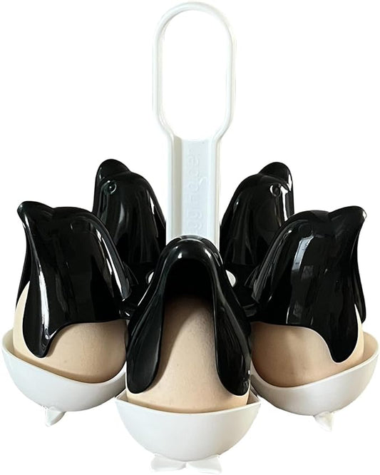 Asltw Dolphin Egg Holder Rack, 5 Egg Boiling Tray with Flip Top 10 Egg Storage, Heat Resistant Handle, Multi Purpose Egg Poacher for Cooking, Fridge Organizing & Serving (Black+White)