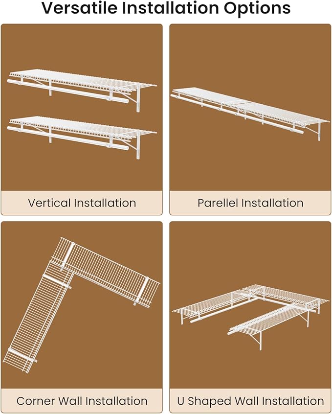 Supforce 4 Pack Closet Shelves with Triangular Brackets and Hanging Rod, 4FT X 12IN Wall Mounted Wire Shelving Orgnizer for Closet,Laundry Room,Pantry,Load Up to 150lb, White