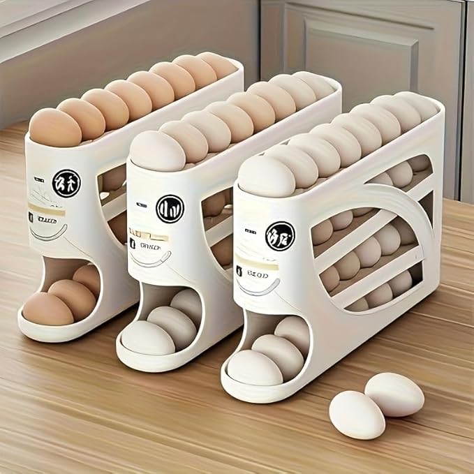 4 Tiers Egg Holder for Fridge， Automatic Egg Rolling Rack, 30 Eggs Storage Rack, Egg Distributor for Refrigerator, Egg Storage Rack for Kitchen (cream color)