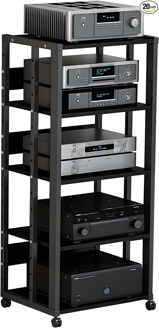 5-Tier AV Media Stand with Wheels, Media Console Cabinet With Adjustable Shelves, Metal Audio Rack, Mobile Game Console Stand, Stereo Audio Cabinet For Record Player, Dvd, TV Box