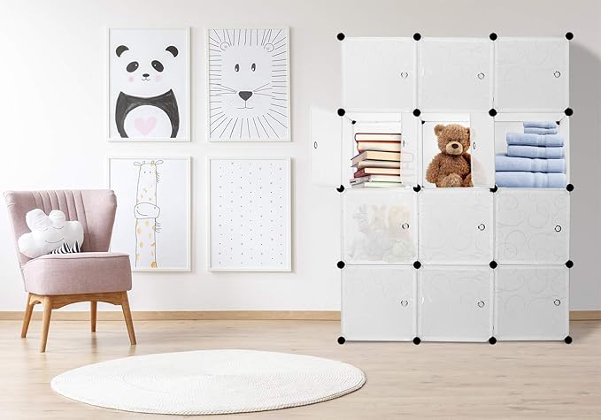 Work-It! Cube Storage Organizer - 12 Cubes | Stackable Portable Closet Organizer Shelves, Modular Cabinet with Doors and Hammer, Translucent White, 56" W x 42" H x 14" D