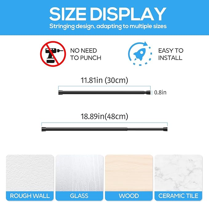 2 Pack Spring Tension Rods 12-18 Inches, 5/8 Inch Diameter Black No Drill Spring Loaded Adjustable Extendable, Small Short Tension Curtain Rod for Windows Kitchen Doorway Closet Cupboard