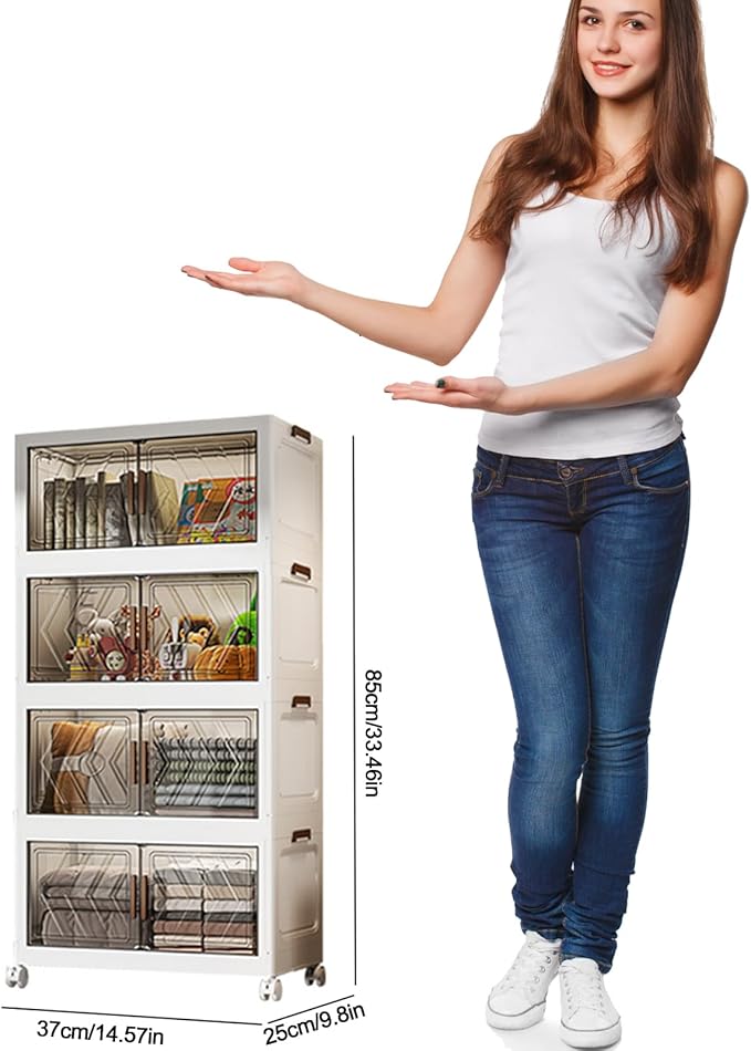 4 Tier Stackable Storage Bins with Lids, 21QT Plastic Stackable Storage Bins, Foldable Storage Bins with Wheels & Doors, Storage Cabinet for Bedroom, Living Room,Office