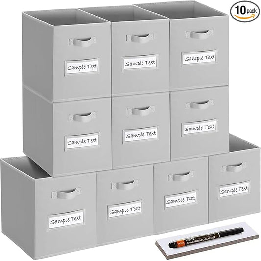 artsdi 13x13 storage cube bins (Set of 10) Foldable Fabric storage cubes with 10 Labels Window Cards & a Pen,13 inch cube storage bins,Closet Organizers for Shelves,Cubby Organizer Boxes,Light Gray