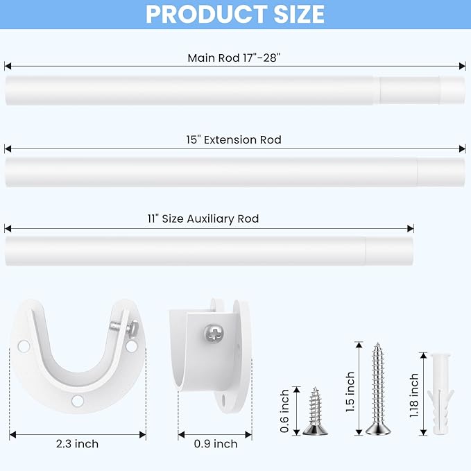 Closet Rods for Hanging Clothes, 17 to 84 Inch Heavy Duty Stepless Adjustable Closet Hanging Rod, 1.3 Inch Diameter Metal Closet Rod for Wardrobes Laundry Bedroom RV, White