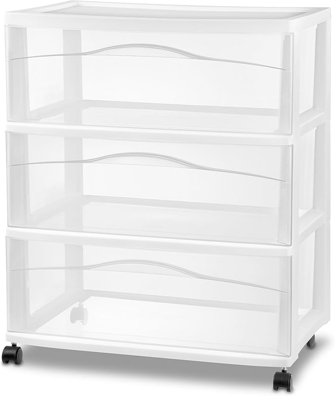 Sterilite 2 Pack Wide 3 Drawer Storage Cart, Plastic Organizer with Wheels, White - Multipurpose Bin for Clothes, Accessories, or Home Accessories