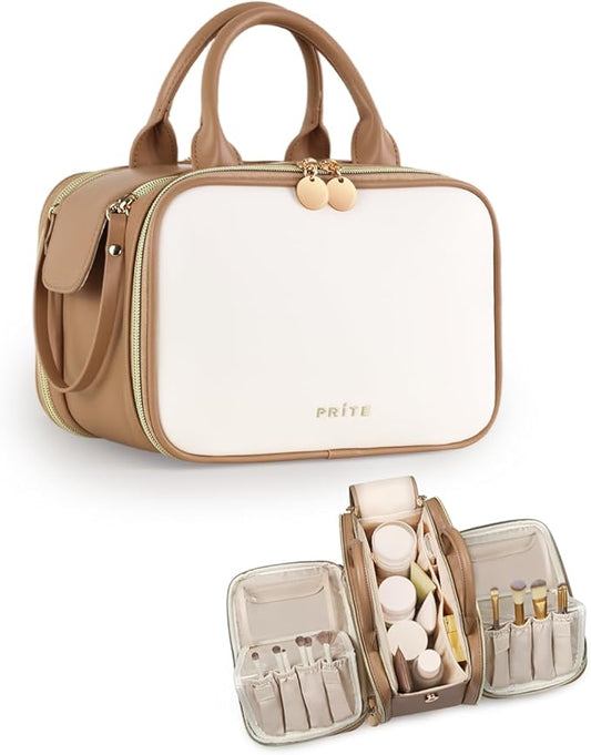 Prite Makeup Bag for Women, Large Capacity Waterproof Travel Cosmetic Organizer, Portable Open Flat Toiletry Bag with Free-standing Brush Holder and Handle(Beige Brown Medium)