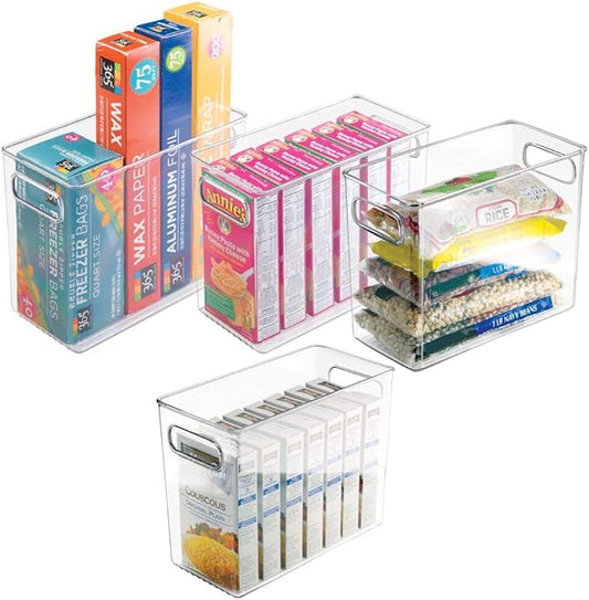 mDesign Plastic Tall Food Storage Organization Container Bin with Handles for Kitchen, Pantry, Cabinet, Fridge/Freezer, Countertop - Organizer for Snacks/Appliances, Ligne Collection, 4 Pack, Clear