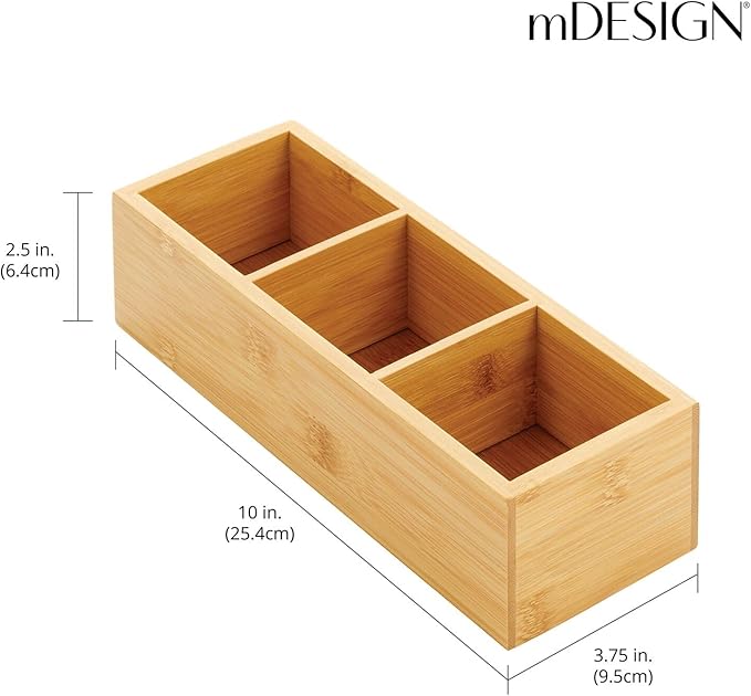 mDesign Slim Bamboo Wood Compact Food Storage Organizer Bin - 3 Divided Sections - Holder for Seasoning Packets, Pouches, Soups, Spices, Snacks - Natural