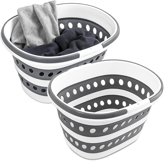 2 Packs Collapsible Laundry Baskets with Handles 7.4 Gallon Heavy Duty Laundry Basket Rectangle Pop Up Silicone Laundry Bucket Small Portable Storage Organizer Collapse Basket Small Room Organization