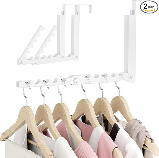 BAKON Over The Door Hanger Folding Clothes Drying Rack, Double Fold Hanging Door Hooks Coat Rack for Indoor Laundry Room Compact Small Space Foldable Portable Clothing Hanger Hook Collapsible- 2 Pack