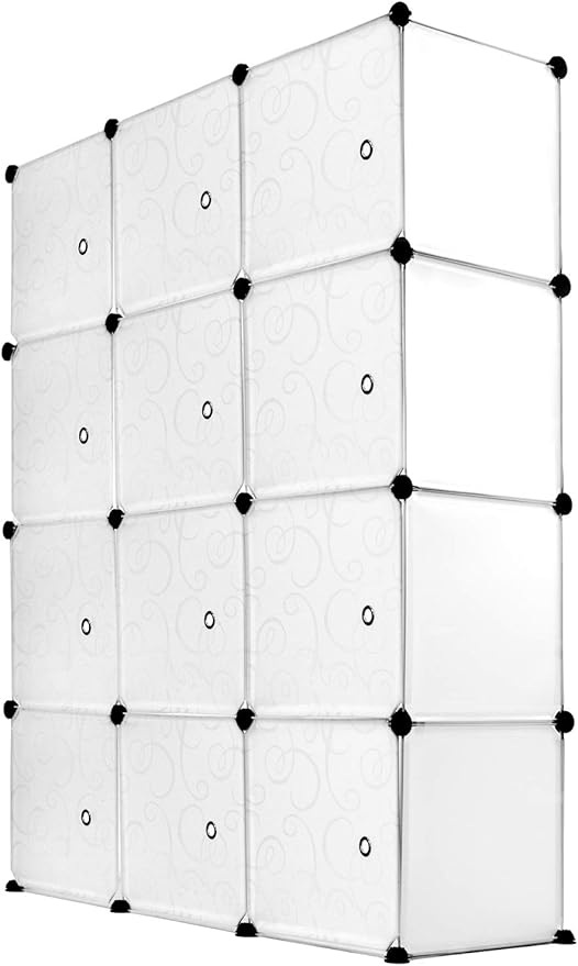 Work-It! Cube Storage Organizer - 12 Cubes | Stackable Portable Closet Organizer Shelves, Modular Cabinet with Doors and Hammer, Translucent White, 56" W x 42" H x 14" D
