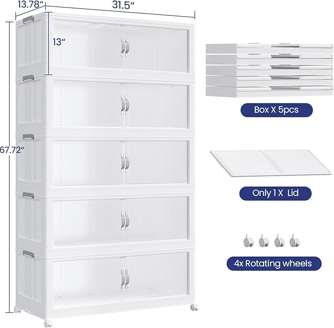 200Gal/800QT 5-Tiers Extra Large Stackable Storage Bins with Lid, Collapsible Cabinet Closet Organizer Plastic Container Box with Wheels Doors Drawers for Office Dorm Kitchen, White