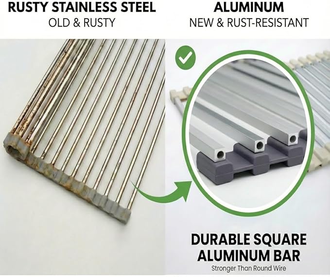 Small Roll Up Dish Drying Rack (9" x 13") - Fits Sink Openings up to 8.5", Narrow Sink Only, Square Bar, Rust-Proof, with Dish Holder (Purple Gray)