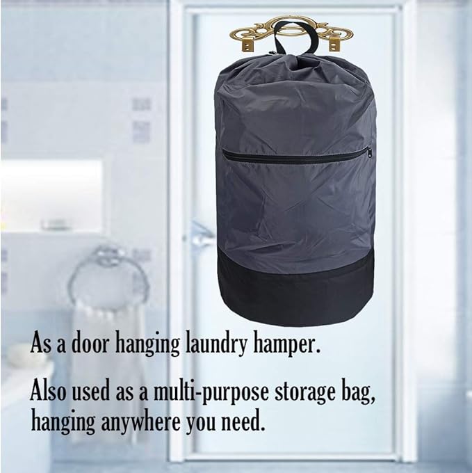 Washable Laundry Bag Backpack with Zipper Pocket, Heavy Duty Clothes Bag, 2 Strong Adjustable Shoulder Straps with Drawstring Closure for Travel, Camping or College, Grey