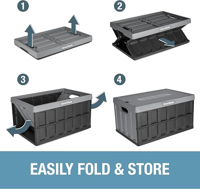 CleverMade Collapsible Storage Bins with Lids (62L, 3 Pack) – Heavy Duty Foldable Plastic Storage Crates for Garage, Closet & Trunk Organization - Stone