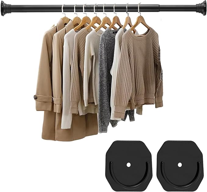 Closet Rod, 30 to 42 Inch Adjustable Closet Rods for Hanging Clothes Heavy Duty Closet Hanging Rod Matte Black Closet Poles for Wardrobes with No Drilling Holder