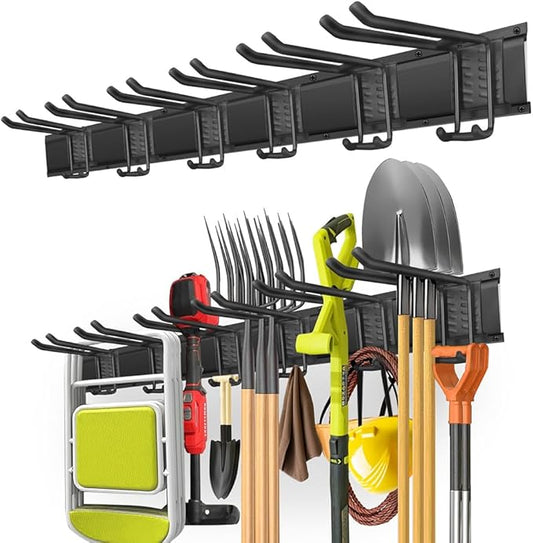 PIYILO Garage Tool Organizer Wall Mount with 48 inches Rails and 6 Double-layer Hooks, Garden Tool Rack Heavy Duty, Garage Hanging Storage Rack For Yard Tools, Shovel, Shed