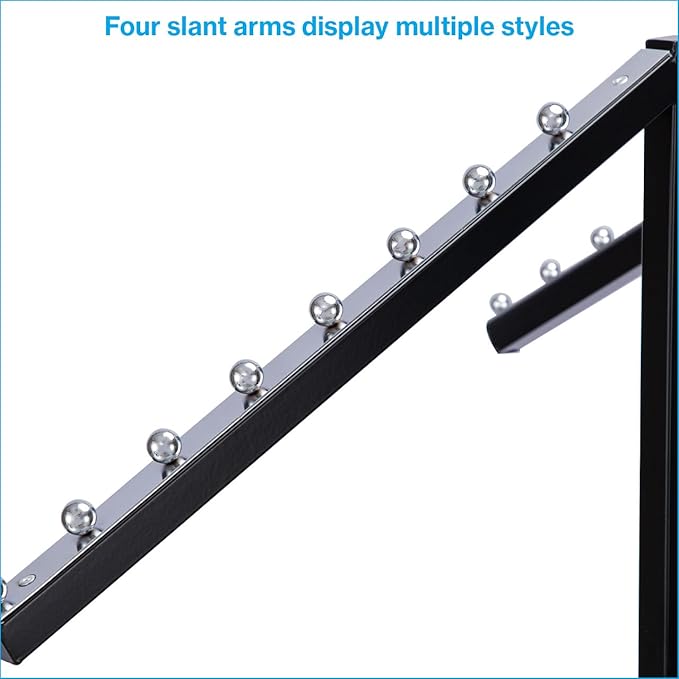 SSWBasics Black 4 Way Adjustable Clothing Rack with Slanted Arms - Retail Clothing Rack Display - Adjustable Height Arms from 48" to 72" Perfect for Clothing Stores