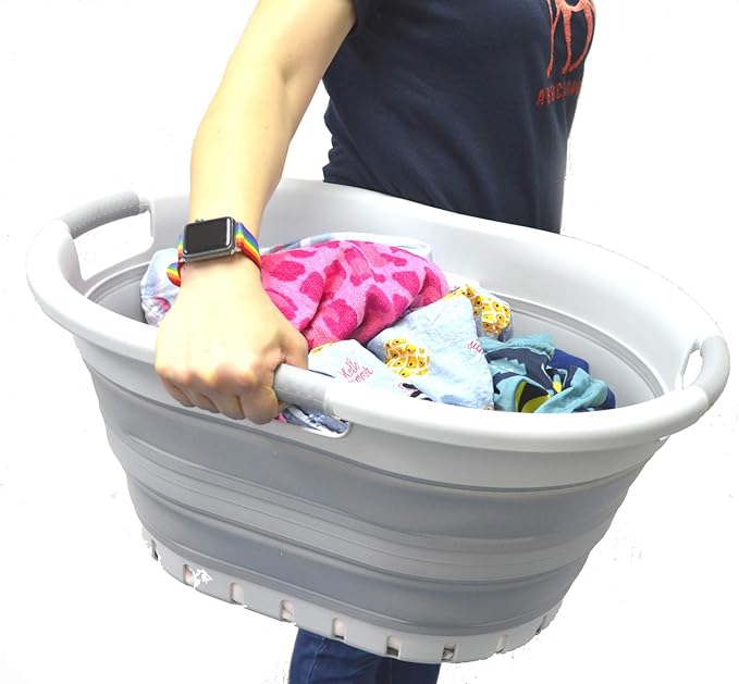 SAMMART 36L (9.5 gallon) Collapsible 3 Handled Plastic Laundry Basket-Foldable Pop Up Storage Container/Organizer-Space Saving Basket (3 handled Oval, Grey/Grey)