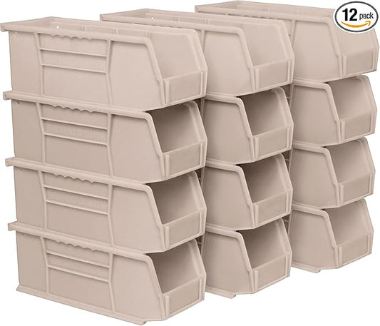 Akro-Mils 30224 AkroBins Plastic Storage Bins, Space-Saving Stackable Bins for Garage, Pantry, Craft Organization, 11" L x 4" W x 4" H, Stone, 12-Pack