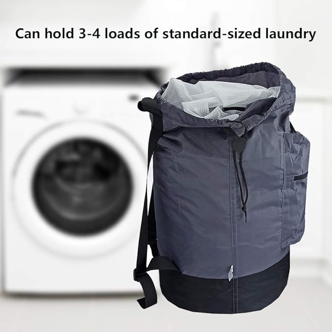 Washable Laundry Bag Backpack with Zipper Pocket, Heavy Duty Clothes Bag, 2 Strong Adjustable Shoulder Straps with Drawstring Closure for Travel, Camping or College, Grey