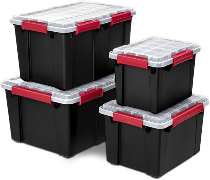 Sterilite 12 Pack Gasket Box, Stackable Plastic 13.5 Gallon Storage Container with Lids, Black - Waterproof and Dustproof Tote for Home Organization