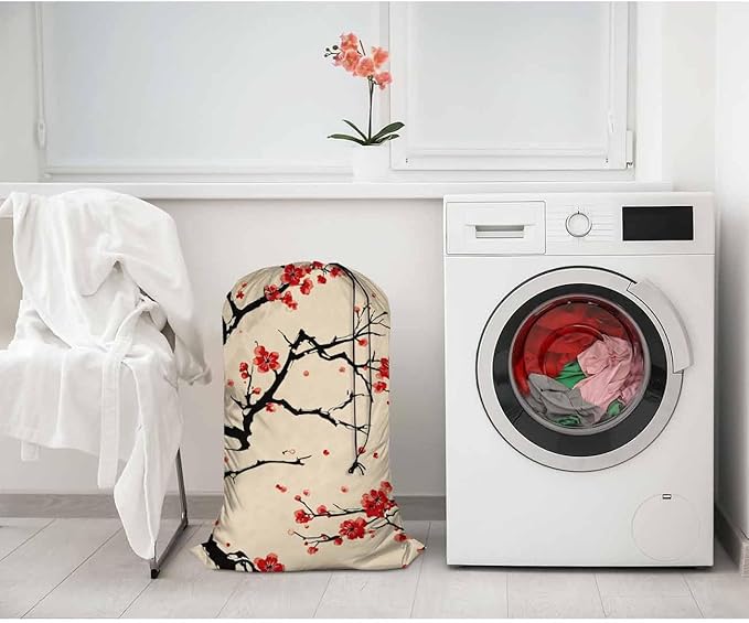 Swono Cherry Blossom Heavy Duty Large Laundry Bags 1 Pack, 28x40 inch Red Floral Branches Spring Blooming Drawstring Travel Organizer Bag, Tear Resistant Dirty Cloth Storage, 4 Loads of Clothes, Beige